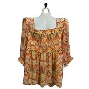 Torrid Orange and yellow square neck smocked boho blouse